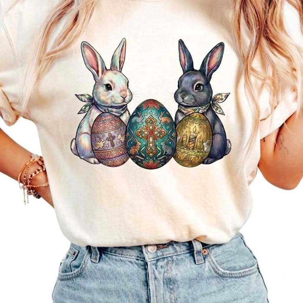 Easter Bunny Pair With Decorated Eggs T-Shirt Garment-Dyed Spring Holiday Tee